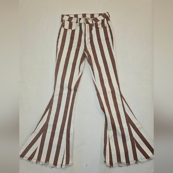 Cotton Stretch Striped Flare Jeans in Brown and White Hippie Country Nashville - Picture 2 of 9
